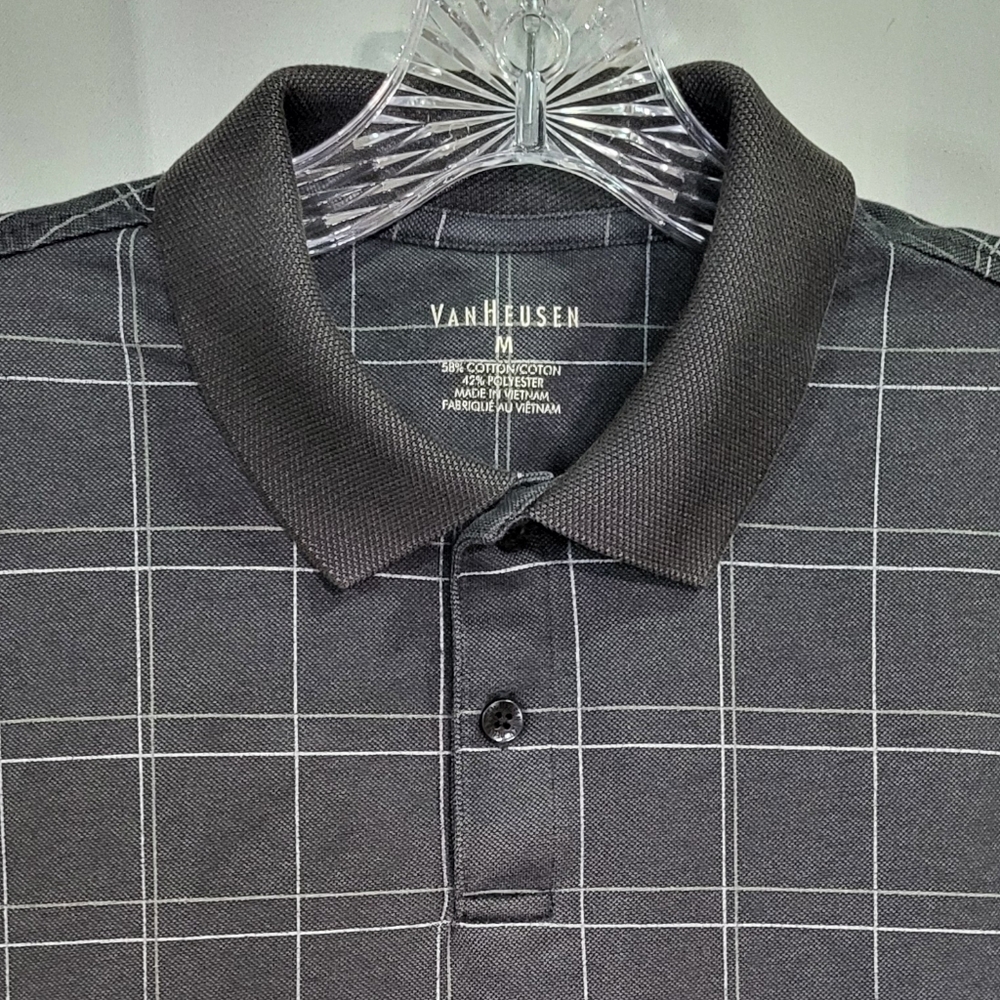 Van Heusen Men's Gray Striped Windowpane 2 Button Short Sleeve Polo Shirt Medium - Picture 3 of 6